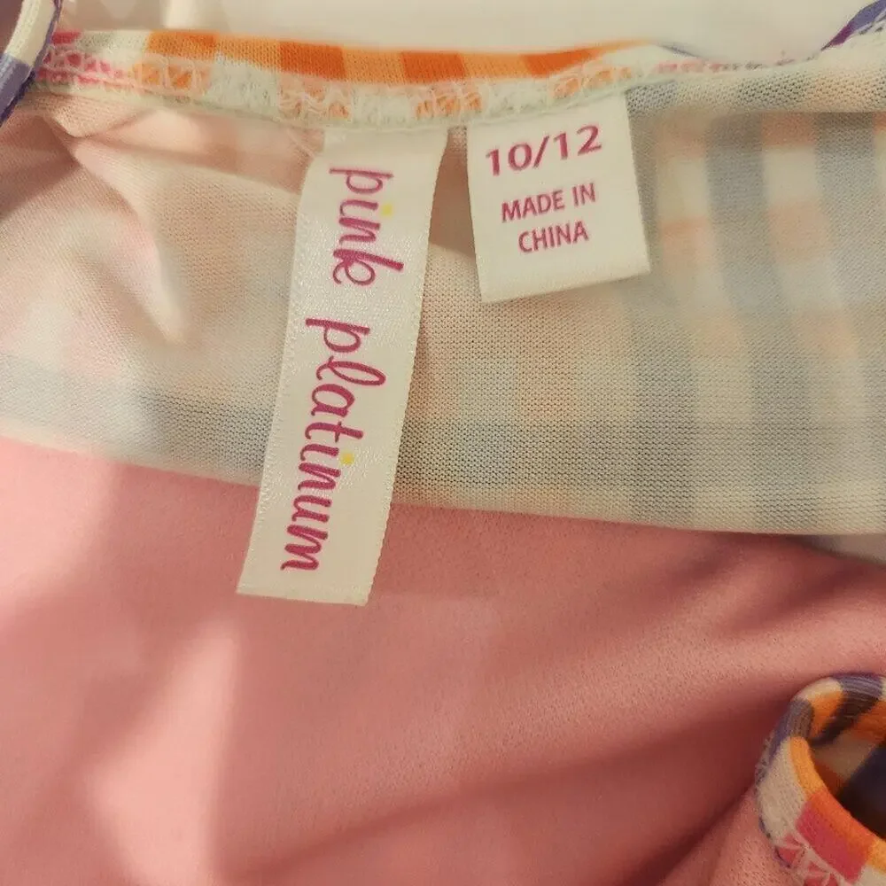 Pink Platinum Girls Swimsuits -Lot of 2- Scoop Neck Belted Plaid - Size 10/12